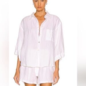 Deiji Studios Women’s White 100% 03 Linen Oversized Cropped Boxy Shirt Size S/M